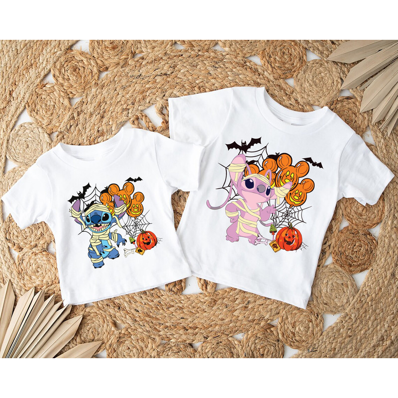 Disney Stitch and Angel Mummy Halloween Costume Shirt, Lilo and Stitch Halloween Shirt, Disneyland Halloween Family Matching Sweatshirt.jpg