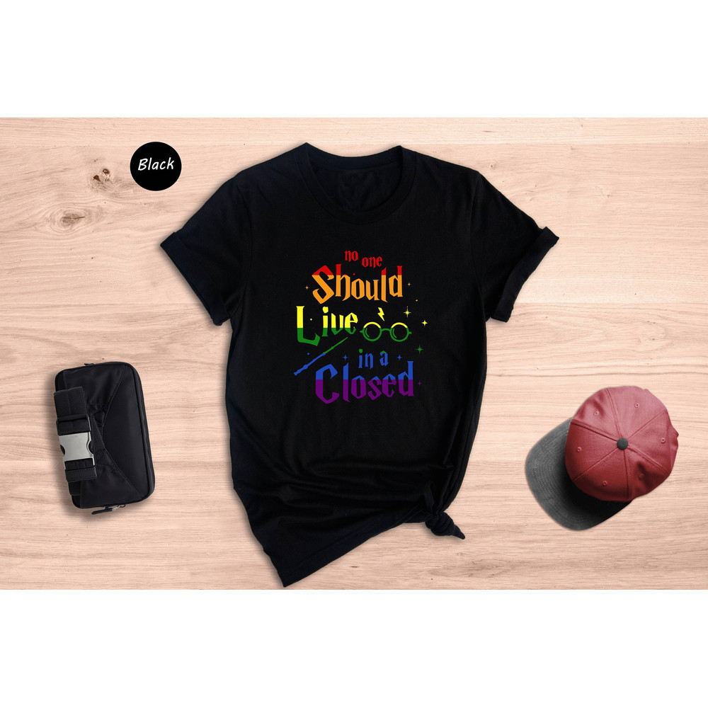 Wizard No One Should Live In A Closet Shirt, Rainbow Pride Shirt, LGBTQ Shirt, Gay Pride T-Shirt, Ally Pride Shirt.png