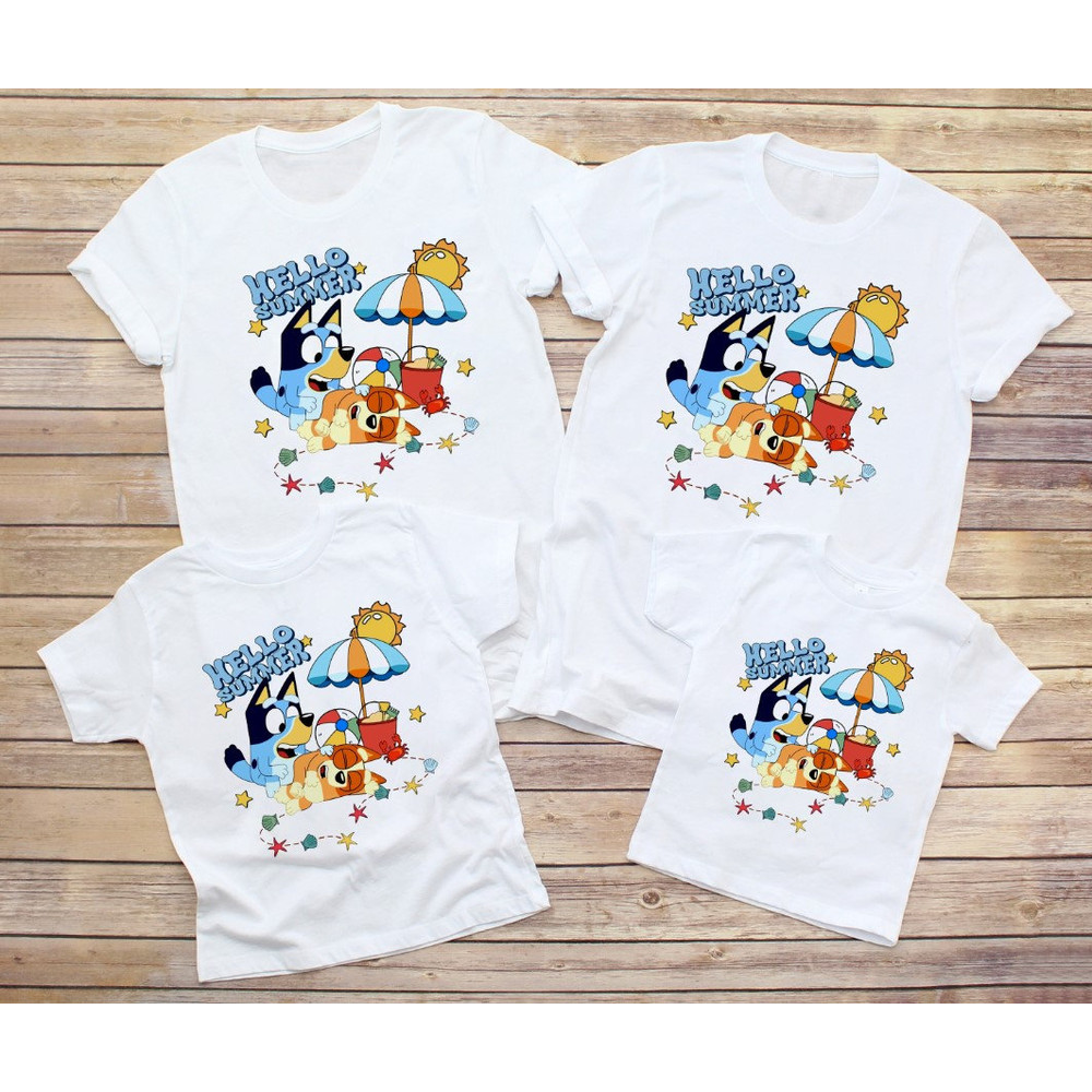 Hello Summer Bluey Unisex Classic Shirt, Bluey Family Summer Tee, Bluey Mom Tshirt, Bluey Dad Shirt, Summer Vacation.jpg