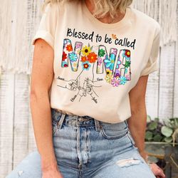 blessed nana shirt with grandkids names, custom holding kids hands shi