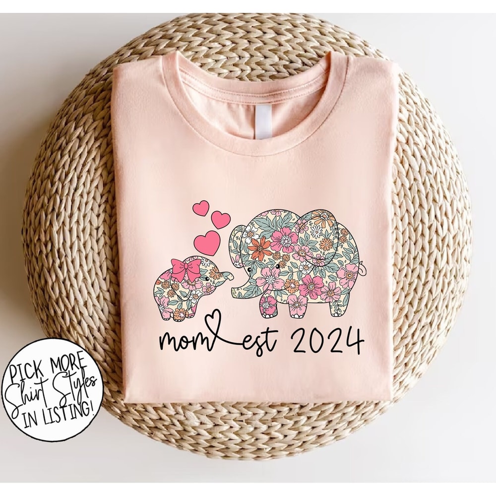 Mom Est 2024 Shirt, Floral New Mom Shirt, Elephant Mom And Child Shirt.jpg