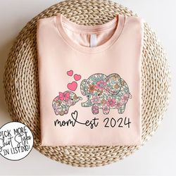 mom est 2024 shirt, floral new mom shirt, elephant mom and child shirt