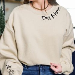 custom dog mama sweatshirt with pet name on sleeve, dog mom sweatshirts
