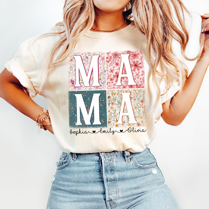 Mothers Day Gift For Mama, Mama With Kids Name Retro Tshirt, Custom Mama With Kids Name Tshirt, Floral Mama Custom Kids.jpg