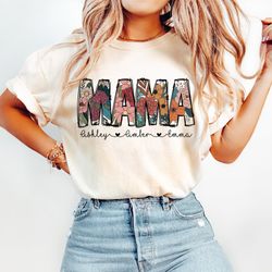 personalized mama with kids name tshirt, mama floral custom kids name