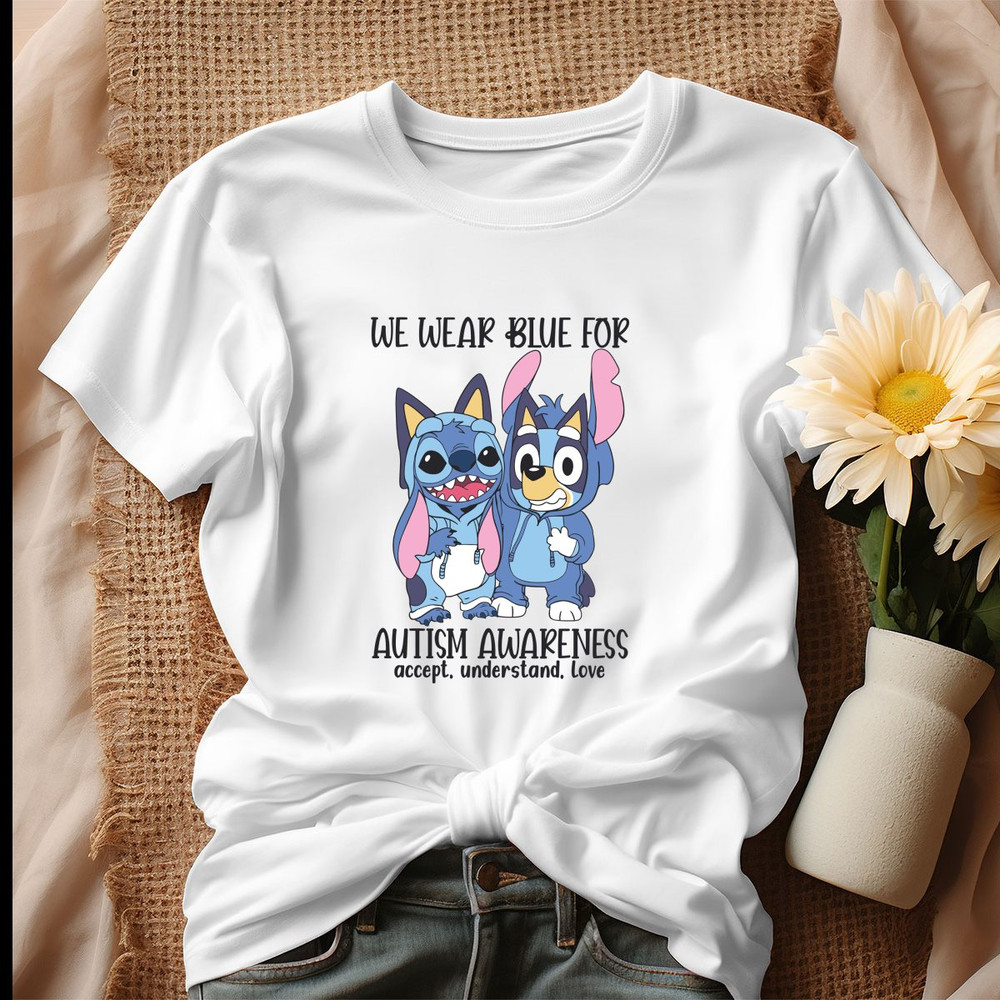 Bluey and Stich Wear Blue For Autism Shirt.jpg