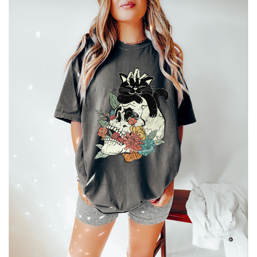 Black Cat Halloween Shirt, Skull Oversized Tshirt, Comfort Colors Tshirt.jpg