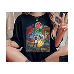 retro disney beauty & the beast shirt stained glass rose graphic tshirt disneyland family matching tee disney trip, disn
