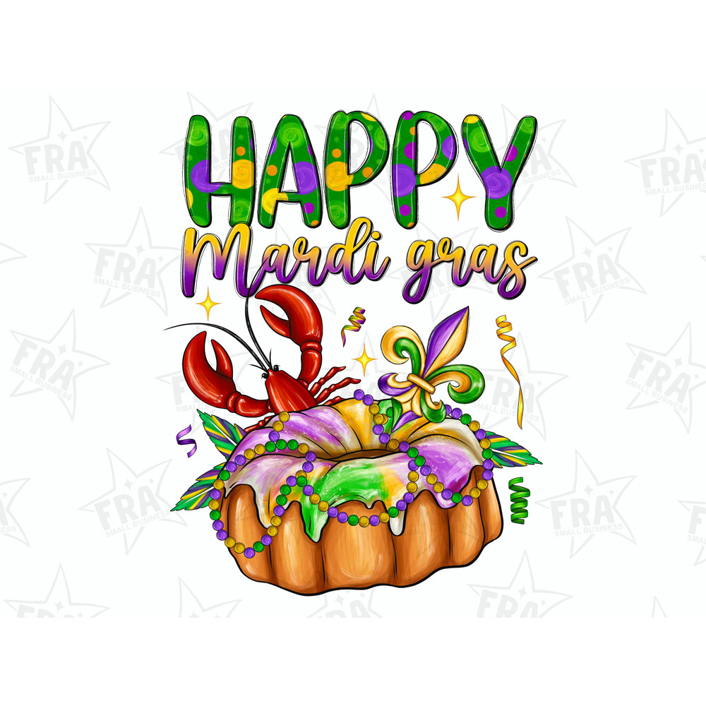 Happy Mardi Gras Fleur De Lis King Cake Crawfish Png Sublimation Design, Mardi Gras Png, Mardi Gras Cake Png, King Cake Digital Download.jpg