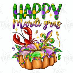 happy mardi gras fleur de lis king cake crawfish png sublimation design, mardi gras png, mardi gras cake png, king cake