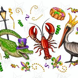 mardi gras alligator pelican crawfish sublimation design download, mardi gras png, louisiana png,fleur de lis png,sublim
