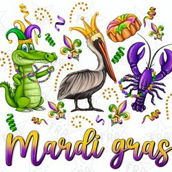 mardi gras alligator pelican crawfish sublimation design download, mardi gras png, louisiana png,fleur de lis png,sublim