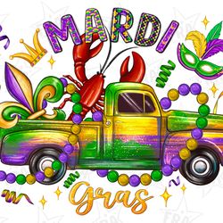 mardi gras truck with mask fleur de lis and crawfish png sublimation design, mardi gras png, mardi gras truck png, mask