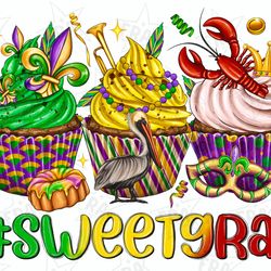 sweetgras mardi gras cupcakes png sublimation design download, happy mardi gras png, mardi gras cakes png, sublimate des