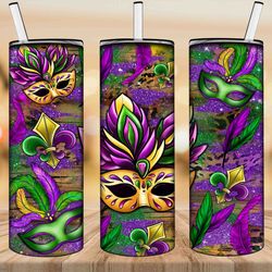 mardi gras carnival masks and fleur de lis tumbler png sublimation design, mardi gras 20oz skinny tumbler png, mardi gra