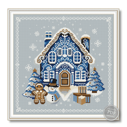 Cross Stitch Pattern Blue Gingerbread house. Christmas Cross Stitch Pattern. New Year Cross Stitch. PDF 401