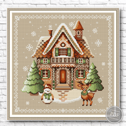 Cross Stitch Pattern Blue Gingerbread house. Christmas Cross Stitch Pattern. New Year Cross Stitch. PDF 409