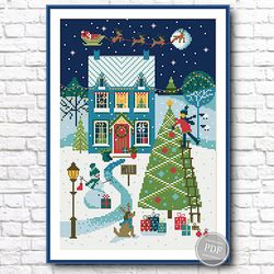 Merry Christmas cross stitch, Santa over the village, Santa with gifts Merry Christmas sampler PDF 404