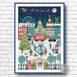 Cross stitch pattern Merry Christmas, Christmas holidays, Christmas city. Merry Christmas Sample PDF 406-U