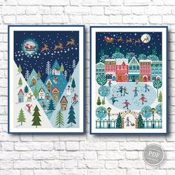 Set 2 patterns of Merry Christmas cross stitch, Christmas holidays, Winter Cross Stitch, Christmas stitching PDF 410