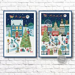 Set 2 patterns of Merry Christmas cross stitch, Christmas holidays, Christmas town. Merry Christmas Sample PDF 407