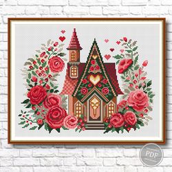 Cross stitch pattern Sweet House, Magic, Flowers. Embroidery of roses. PDF 433
