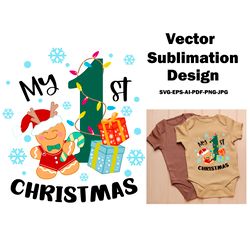 My First Christmas. Baby First Christmas T-Shirt Design. Gingerbread Man with Santa Claus hat with gifts sublimation
