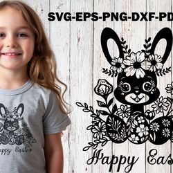 Easter Bunny SVG  Cut File Rabbit  with Flowers Vector Floral cricut template for laser cutting hand drawn eps dxf png