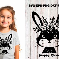 Easter Bunny SVG Cut File Rabbit with Flowers Vector Floral cricut template for laser cutting hand drawn eps dxf