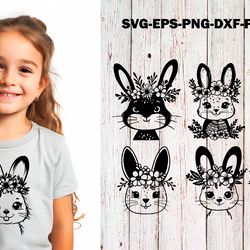 Cute Easter Bunny SVG Cut File Rabbit with Flowers Vector Floral cricut template for laser cutting hand drawn eps dxf