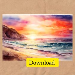 Watercolor landscape sunset on the sea, digital postcard for download