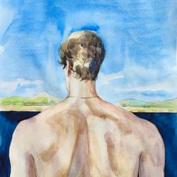 Handsome Curly Man Guy on the Beach Bay Watercolor Wall Art Interior Original Painting Portrait