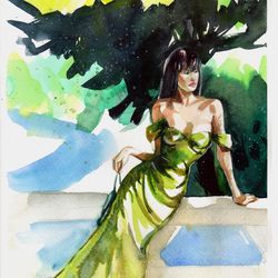 original watercolor beautiful woman in green dress summer fashion wall art painting female interior