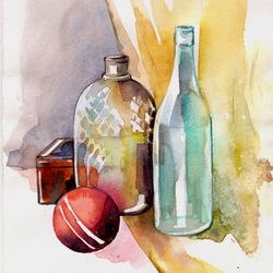 Original Watercolor Bottles Vases Still LIfe Kitchen Painting Wall Art