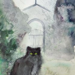 Original Black Cat Wall Art Gothic Aesthetic Dark Beautiful Watercolor Painting