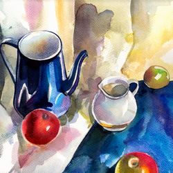 original still life fruits cups teapot kitchen watercolor wall art painting