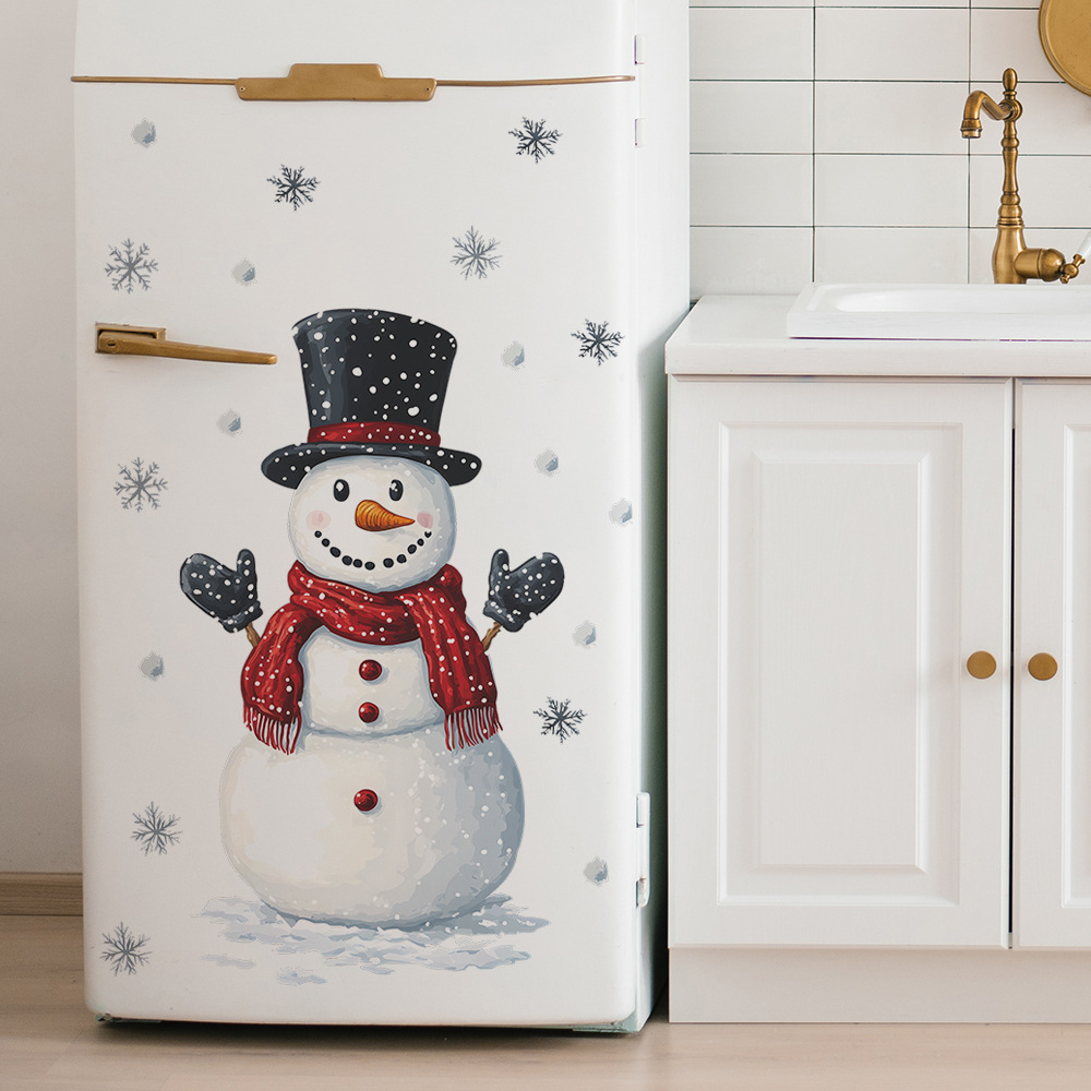 Fridge Christmas Snowman Snowflake Wall Stickers, New Year Room Decoration Mural Self-adhesive Beautify Home Decor