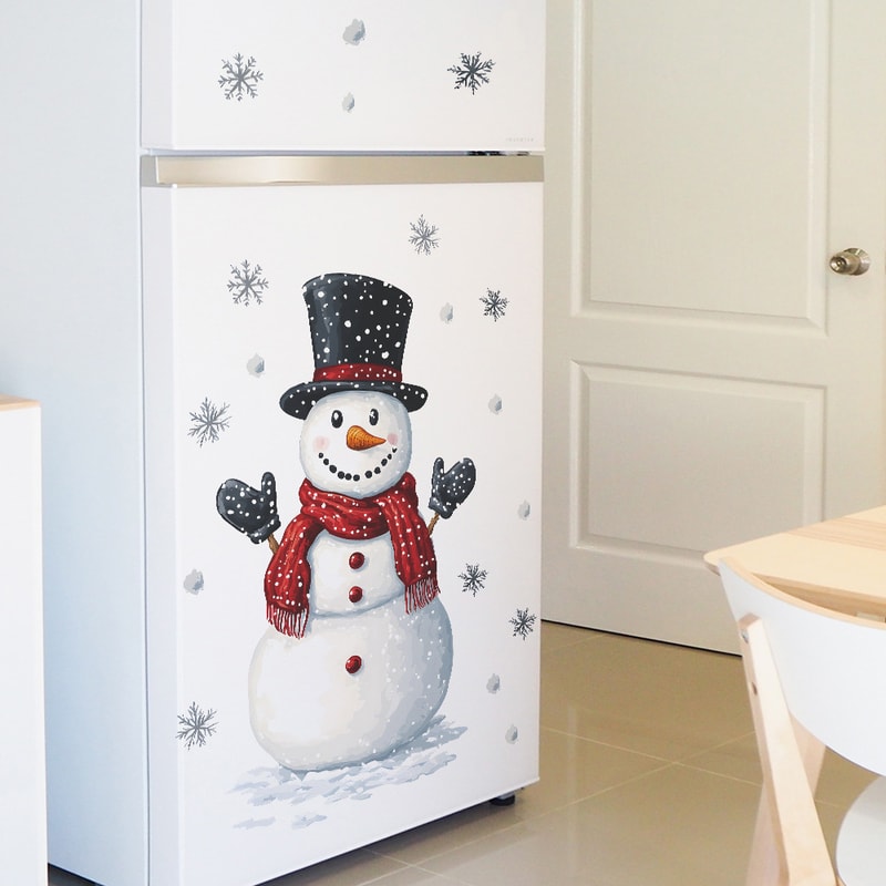 Fridge Christmas Snowman Snowflake Wall Stickers, New Year Room Decoration Mural Self-adhesive Beautify Home Decor