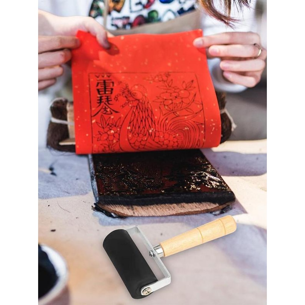 Printmaking Tool Small Rubber Roll Rubber Roller Wooden Handle Ink Roller Paint Brush Art Craft 4