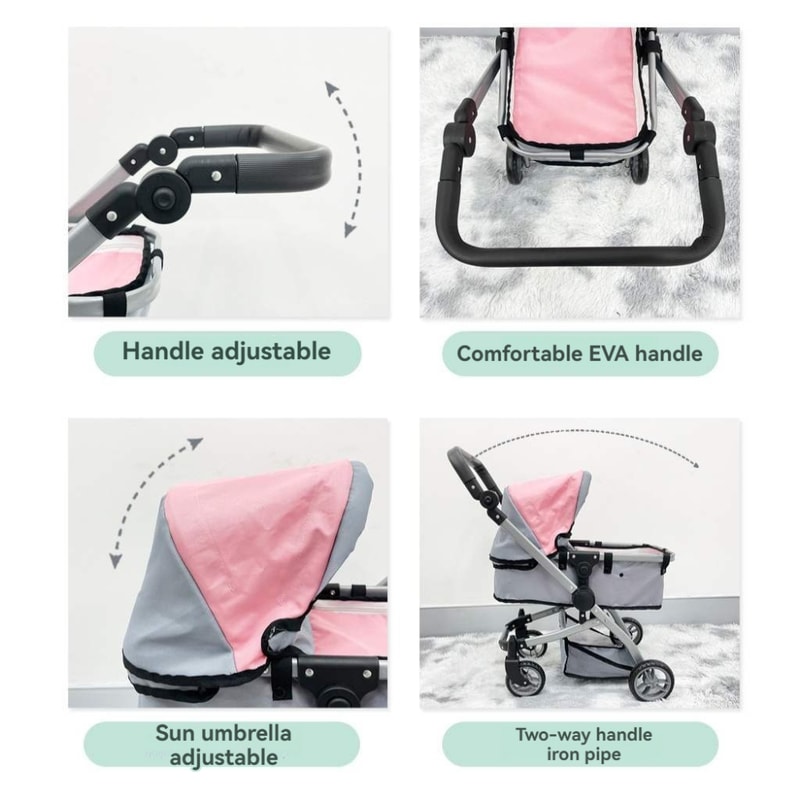 Trendy Baby Doll Pushchair with Canopy, Storage Basket, Fits Dolls Up to 18", Kids Pretend Play Toy