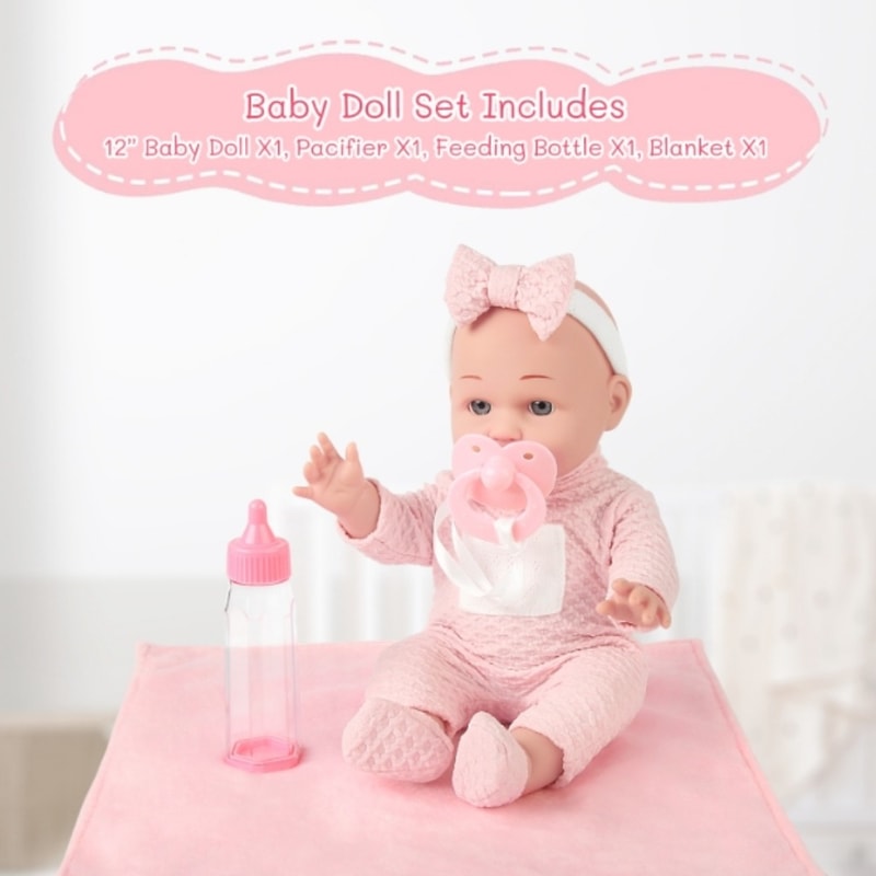 Baby Doll Set for Toddlers with Blanket, Pacifier, Feeding Bottle, Great Gift for Girls