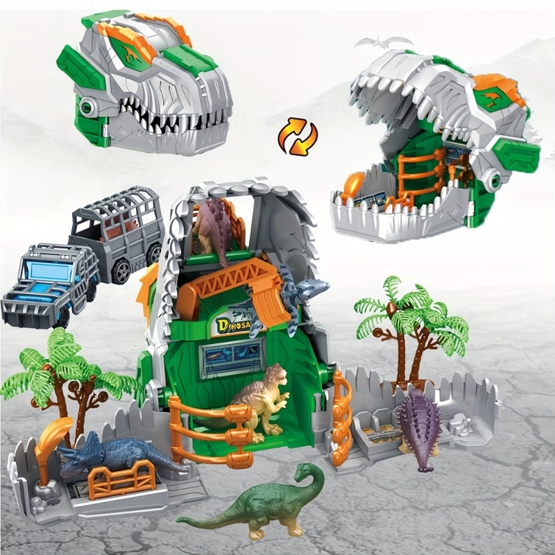 Dinosaur Jurassic Park Playset, Transformer Dino Base, Educational Toy with Dinosaur Models, Truck, Tree Cage Gift for B