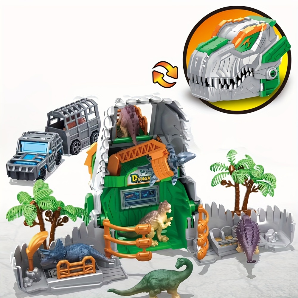 Dinosaur Jurassic Park Playset, Transformer Dino Base, Educational Toy with Dinosaur Models, Truck, Tree Cage Gift for B