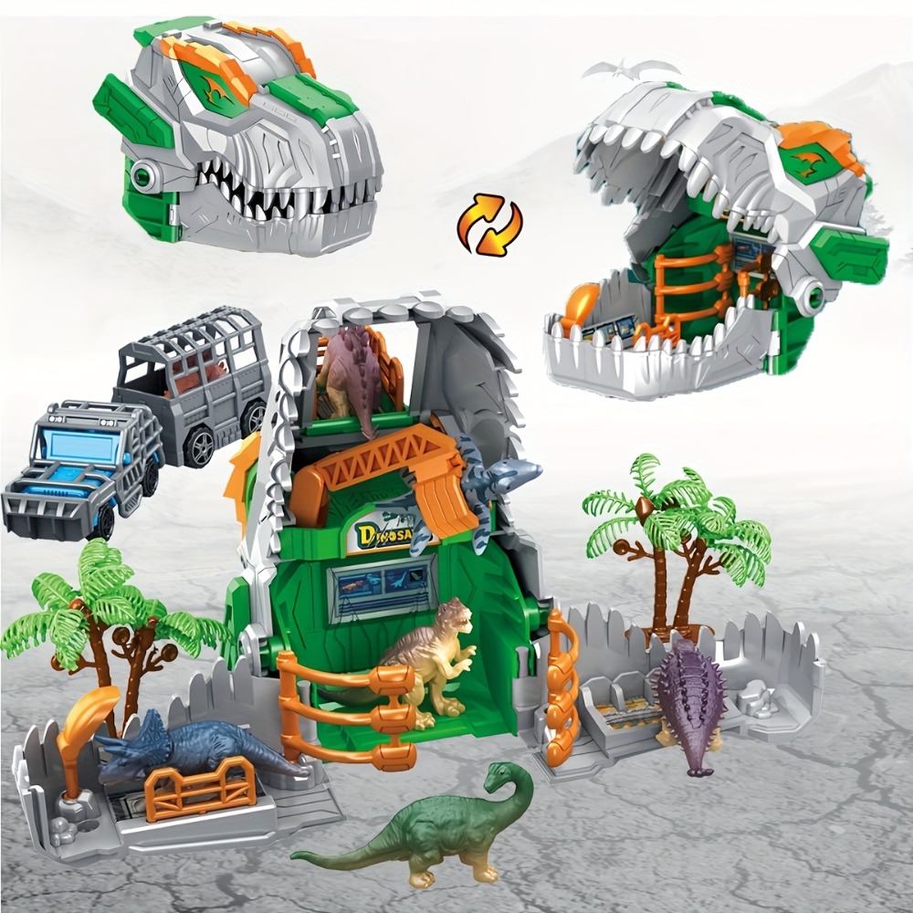 Dinosaur Jurassic Park Playset, Transformer Dino Base, Educational Toy with Dinosaur Models, Truck, Tree Cage Gift for B