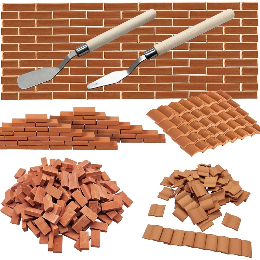 Miniature Brick Scale Model Set, Roof Tiles Wall Bricks, Dollhouse Building Grey/Red with Tools