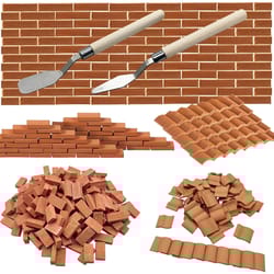 miniature brick scale model set, roof tiles wall bricks, dollhouse building grey/red with tools