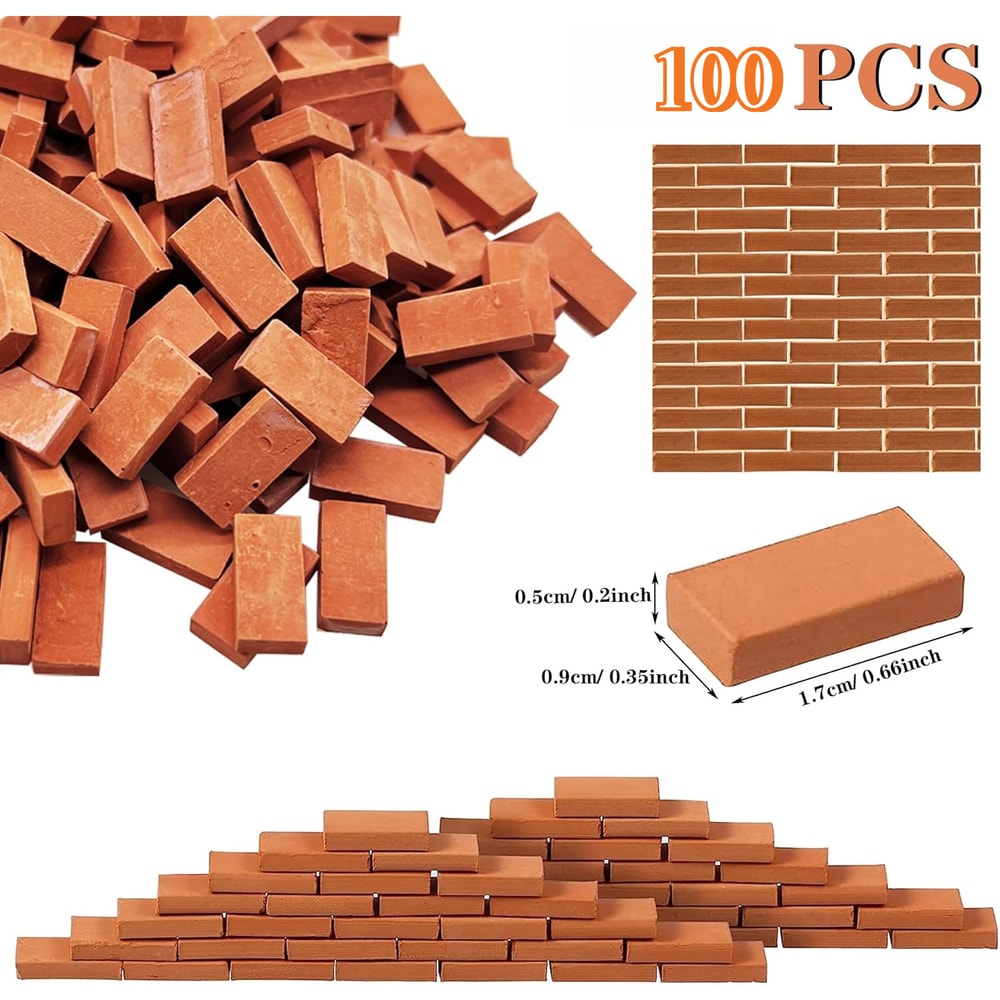 Miniature Brick Scale Model Set, Roof Tiles Wall Bricks, Dollhouse Building Grey/Red with Tools