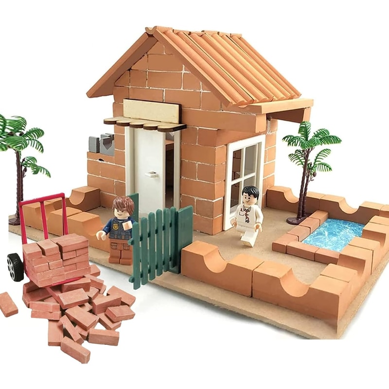 Miniature Brick Scale Model Set, Roof Tiles Wall Bricks, Dollhouse Building Grey/Red with Tools