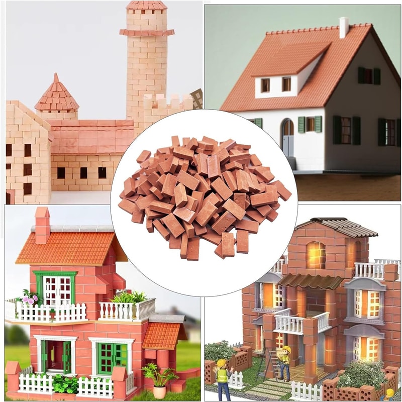 Miniature Brick Scale Model Set, Roof Tiles Wall Bricks, Dollhouse Building Grey/Red with Tools