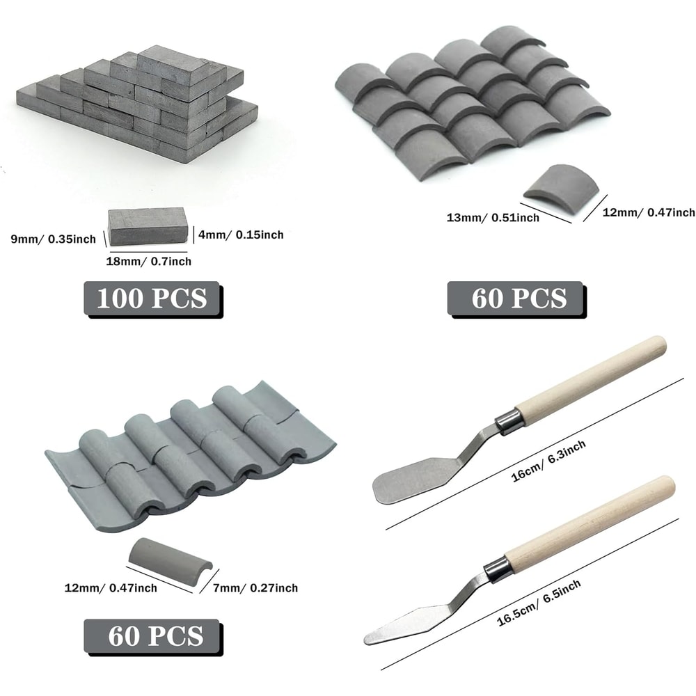 Miniature Brick Scale Model Set, Roof Tiles Wall Bricks, Dollhouse Building Grey/Red with Tools